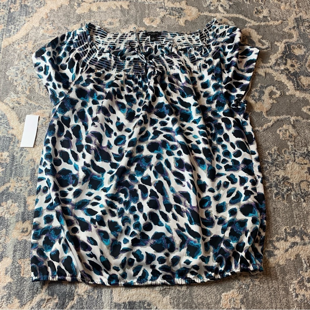 Ann Taylor Black and White Blue Leopard Smocked Blouse